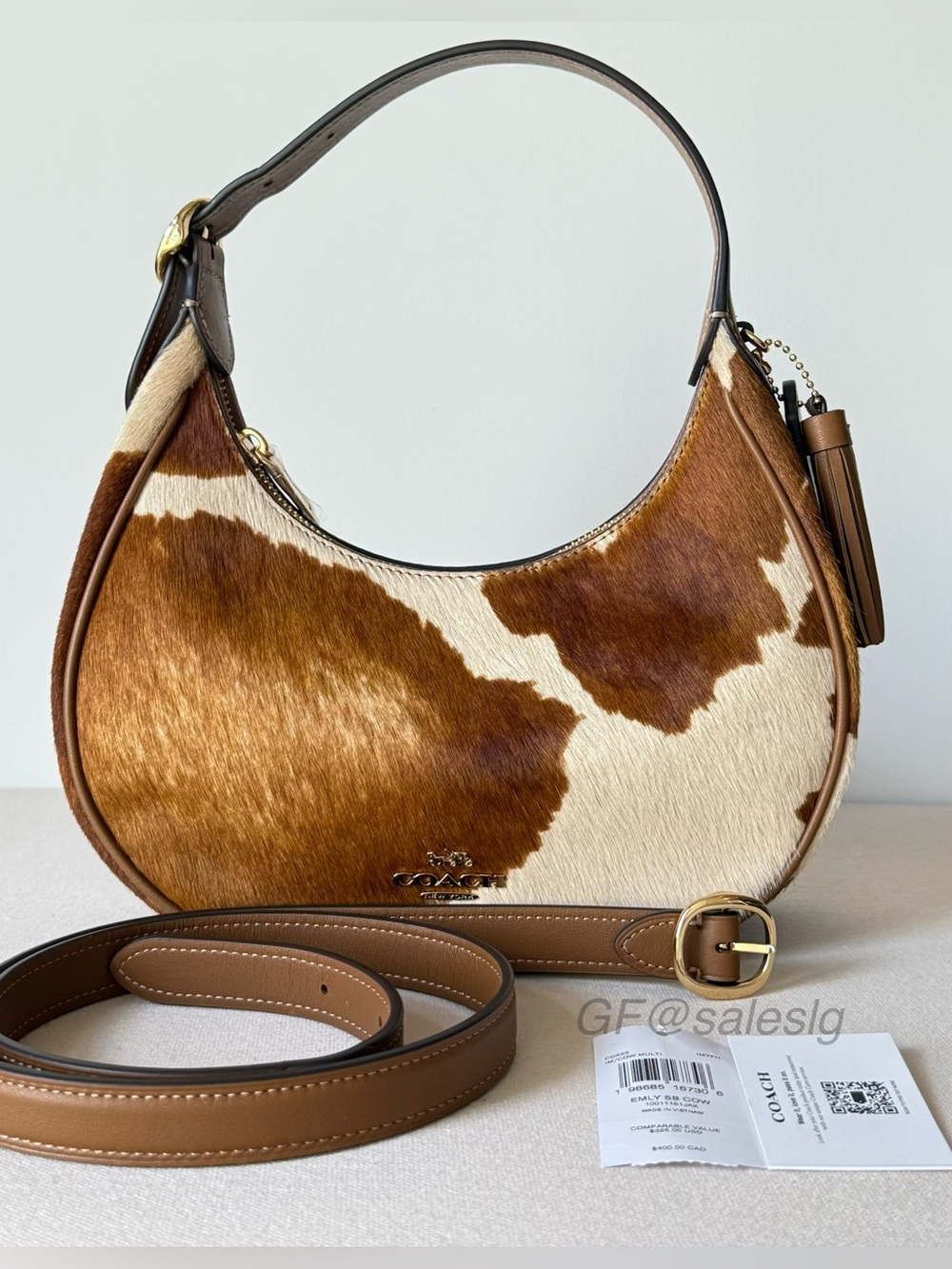 NWT Coach Emily Shoulder & Crossbody Bag In Haircalf With Cow Print Gold CDX23 - Picture 12 of 15
